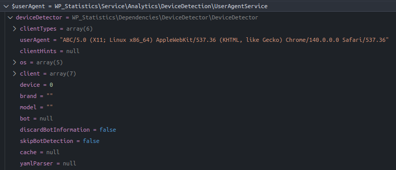 Debug cho $userAgent