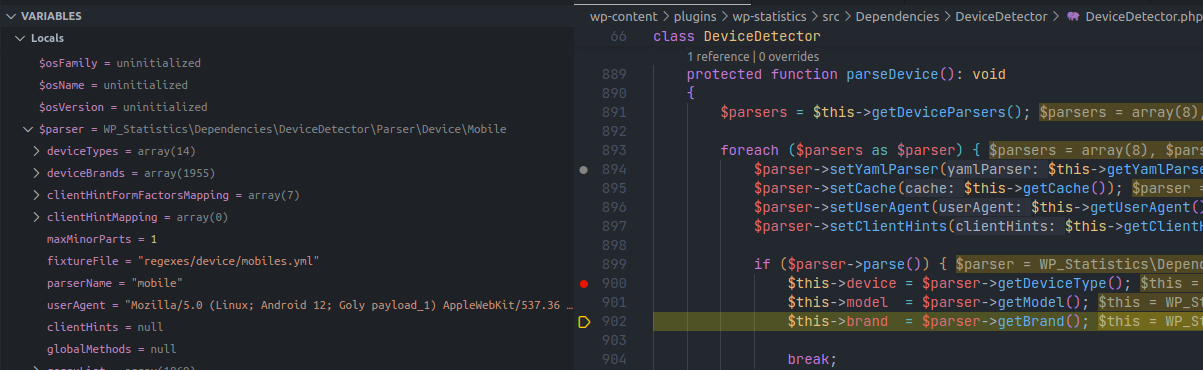 Debug tab gán giá trị cho các tham số của DeviceDetector