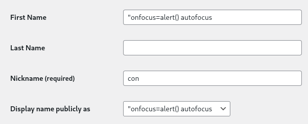 Select a display name containing an XSS payload