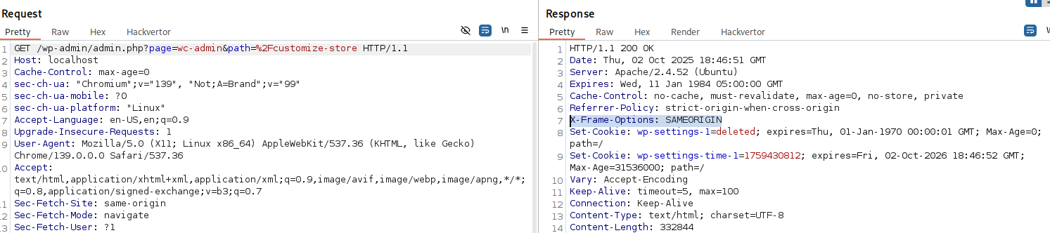 X-Frame-Options: SAMEORIGIN được set trong response